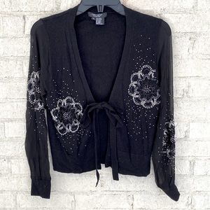 Karen Kane Vintage Tie Waist Black Beaded Cardigan. Size S